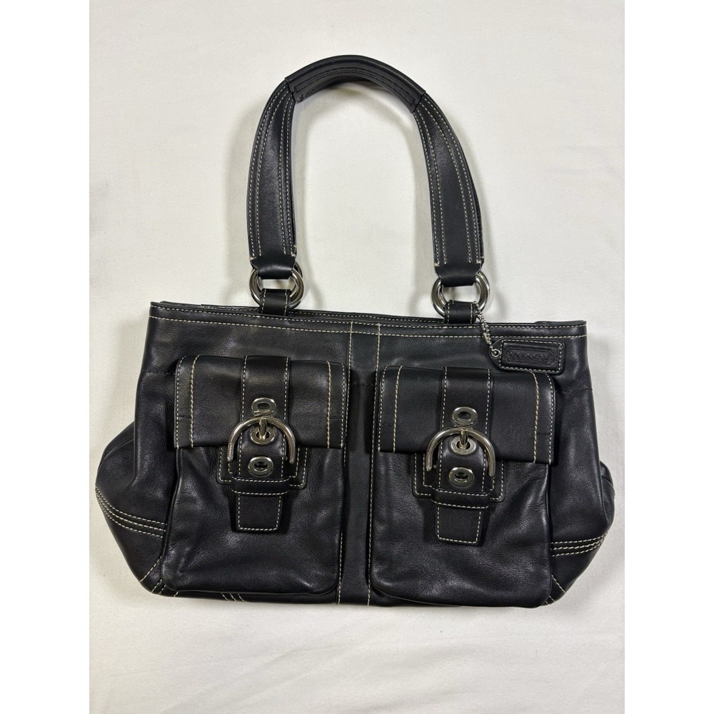 Coach Hamptons Soho Black Leather Flap Buckle Pocket Shoulder Satchel Bag F08A02